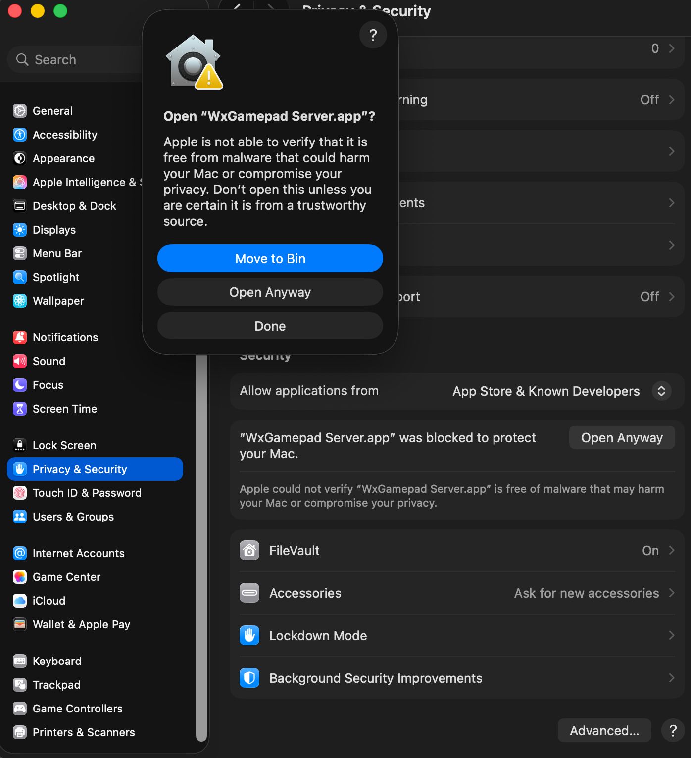 macOS Privacy & Security showing 'WxGamepad Server.app was blocked' with an Open Anyway button, and the confirmation dialog with Open Anyway
